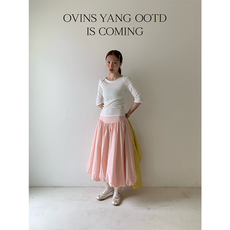 ovinsyang 纯色韩系简约中袖t恤女秋新款设计感小众打底衫上衣