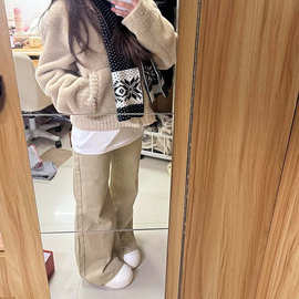 卡其色微喇牛仔裤女设计感韩版ins潮秋冬辣妹风百搭慵懒拖地长裤