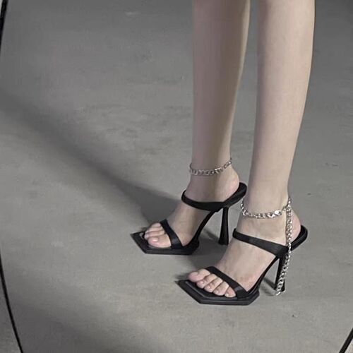 Ins viral slim black high heels for women 2025 summer new wine glass heel chain high heeled sandals one strap
