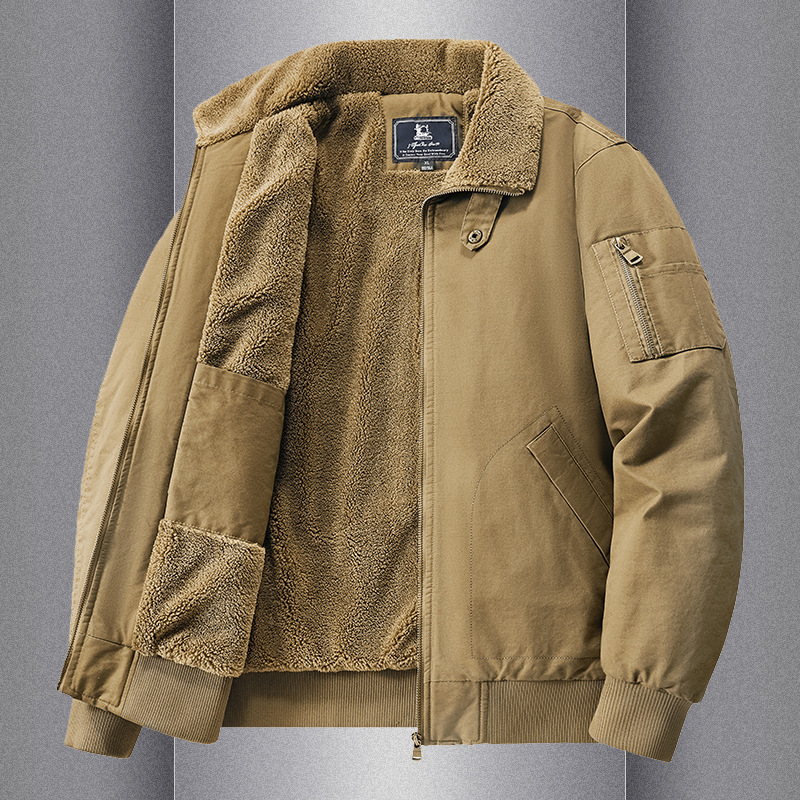 Diyu Shenlong Autumn Cotton Jacket for Men, Winter Fleece-Lined Thickened Turn-Down Collar Work Jacket, Casual Lamb Wool Warm Coat for Men
