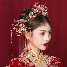 鳳冠秀禾頭飾新款簡單大氣中式新娘結婚秀禾服發飾流蘇紅色女廠家