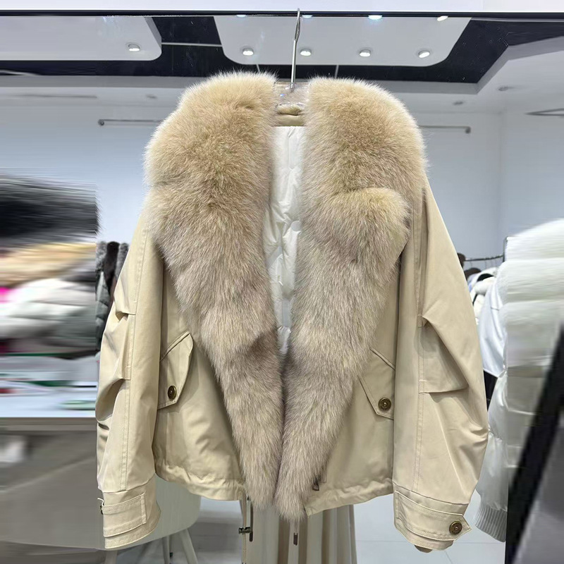 欧洲站2025冬新款奢华皮草狐狸毛领羽绒服女短款宽松加厚派克外套|undefined