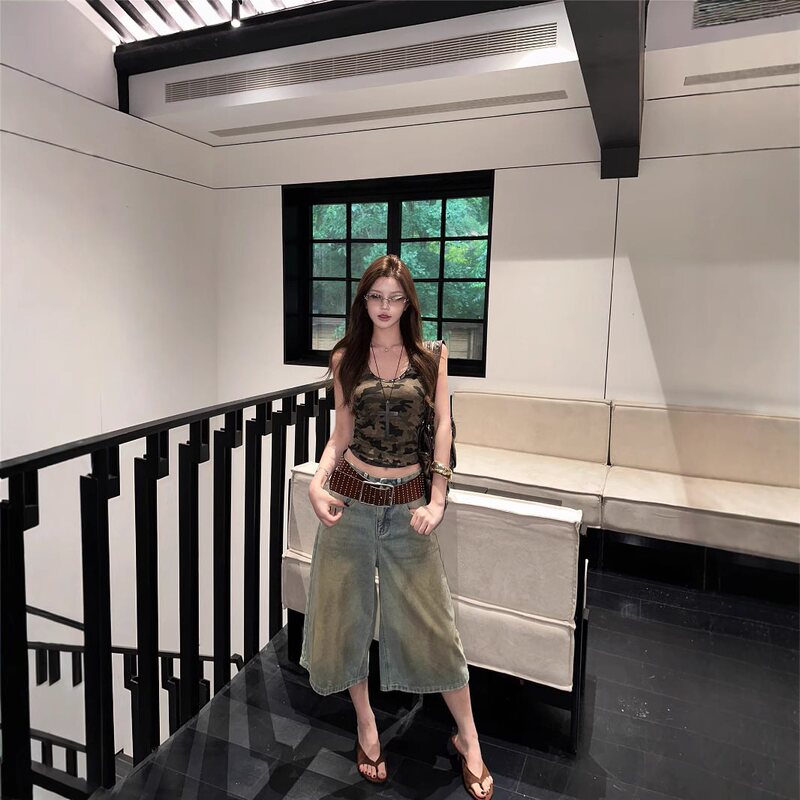 Real Shot of Metal Rivet Camouflage Camisole Sexy Short Top Women's American Loose Dirty Washed Denim Mid-Pants