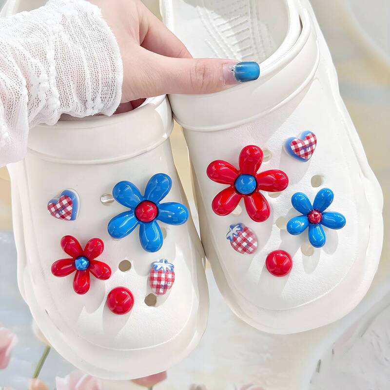 Summer Simple and Cute Clogs with Red and Blue Five-Petal Flowers, Strawberry, and Heart DIY Shoe Decoration Shoe Charms