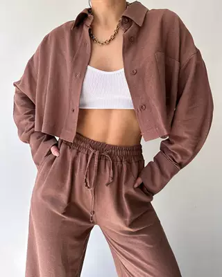 Women's Fashion Casual Solid Color Long-sleeved Casual Shirt And Trousers Suit - Maroon - View 1