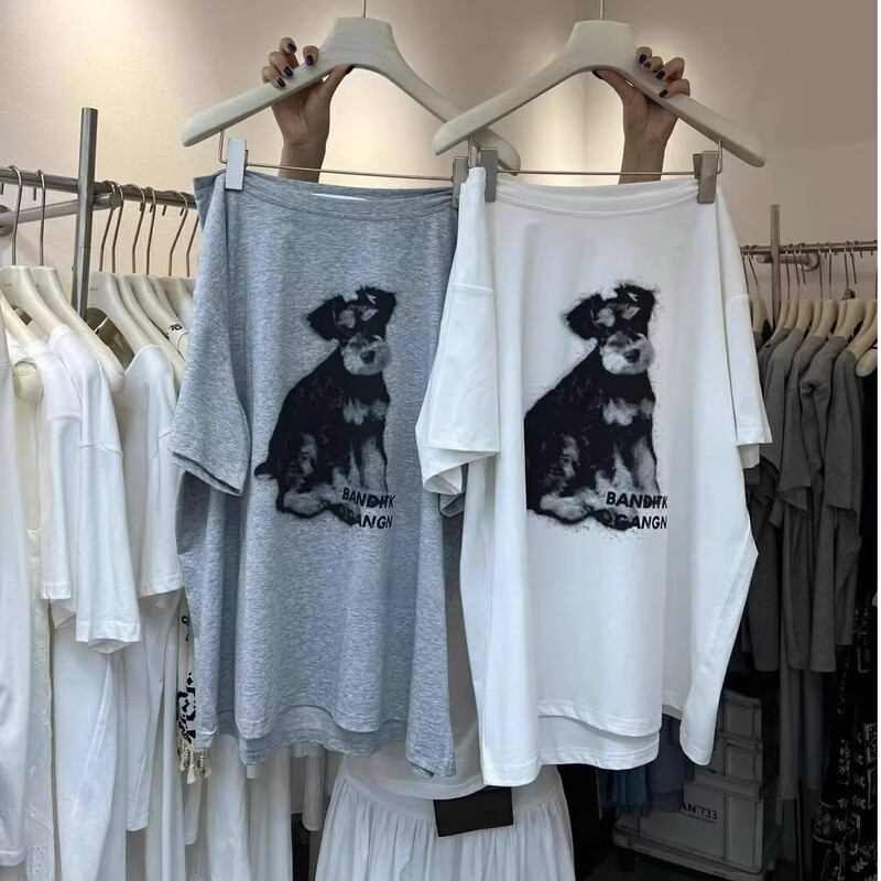South Korea's Dongdaemun Summer New Fashion Loose American Puppy Print Slanted Shoulder Short-Sleeved Versatile T-Shirt Tops for Women