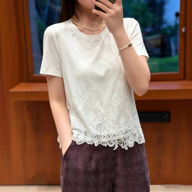 White Artistic and Elegant Round-Neck T-Shirt with Three-Dimensional Embossed Lace Design, Nanyou Summer Short-Sleeve Top White Artistic and Elegant Round-Neck T-Shirt with Three-Dimensional Embossed Lace Design, Nanyou Summer Short-Sleeve Top
