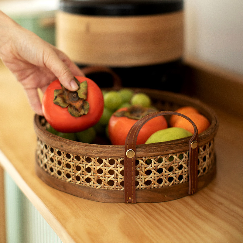 Cesta de almacenamiento redonda de seis ojos de ratán natural con mango ins estilo pastel pan foto cesta de almacenamiento hogar misceláneas