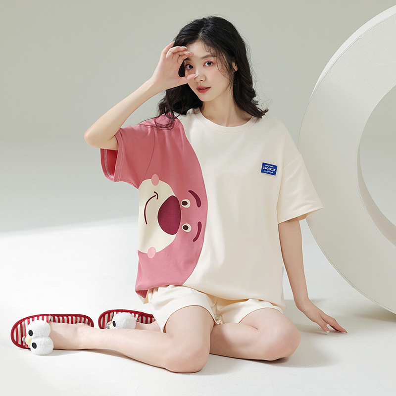 Pareja de pijamas de verano de algodón de manga corta de Internet celebridad oso lindo de dibujos animados nuevo camisón ropa de casa de las mujeres traje de verano