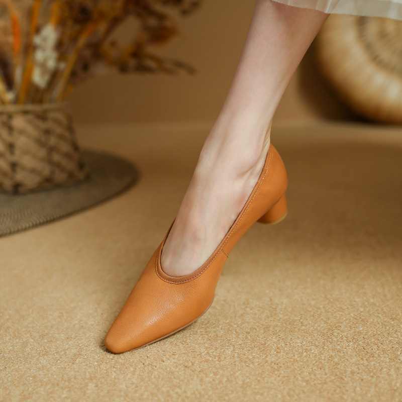 Giày cao gót nữ mũi nhọn miệng nông da bò mềm gót vuông 3,5 cm — Màu cà tím chi tiết 14