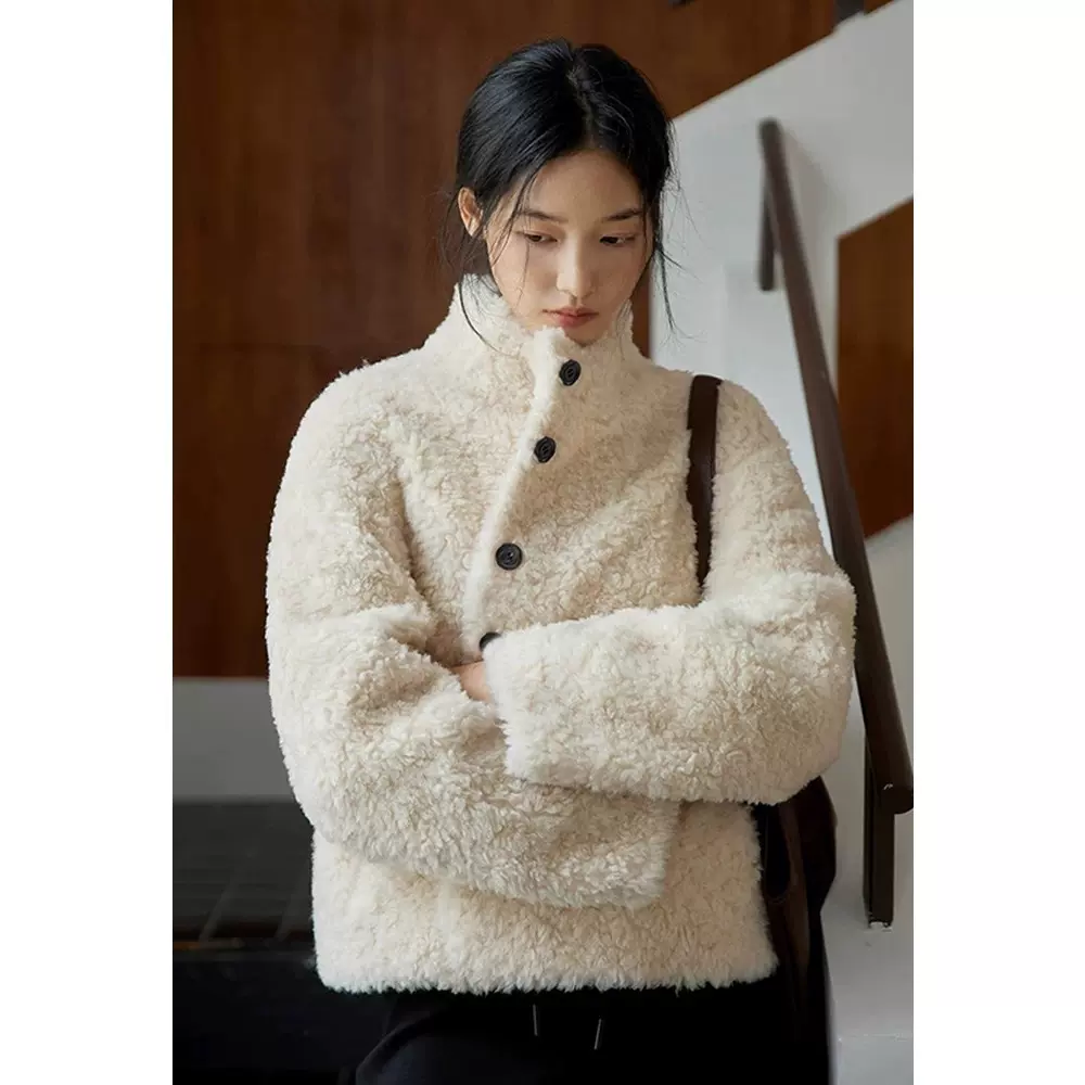 四媛 全羊毛麂皮绒小立领利落羊羔毛皮毛一体短款外套上衣女9440
