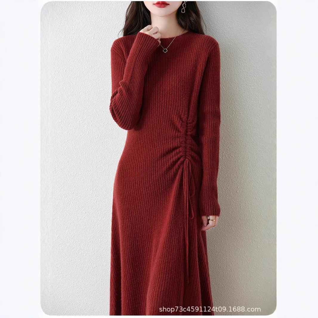 2025 양모 니트 원피스 여자 가을과 겨울 한국 스타일 중장 무릎 길이 캐시미어 스커트 드로우 스트링 A 라인 스커트