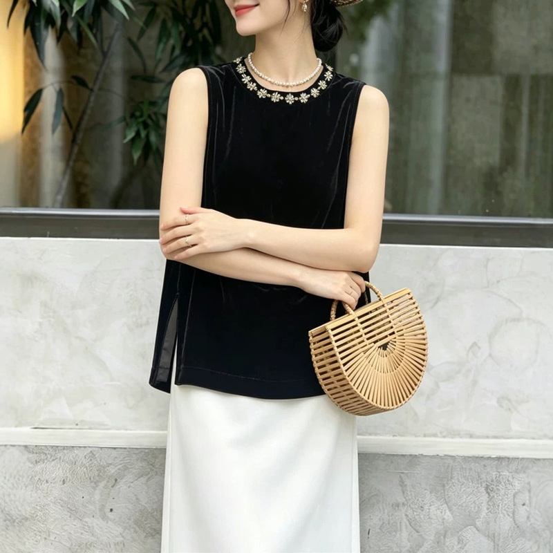 Silk Velvet Reversible Top with Hand-Beaded Neckline, Side Slit, Straight Cut, Exquisite and Elegant Shirt