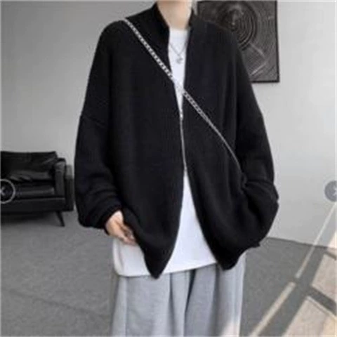 Кардиган, демисезон, японский ретро-свитер, мужская knitted куртка на молнии, свободный силуэт