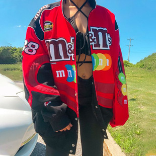 Cross-border 2023 autumn and winter New jacket Amazon motorcycle style color matching printed casual loose long sleeve personalized jacket