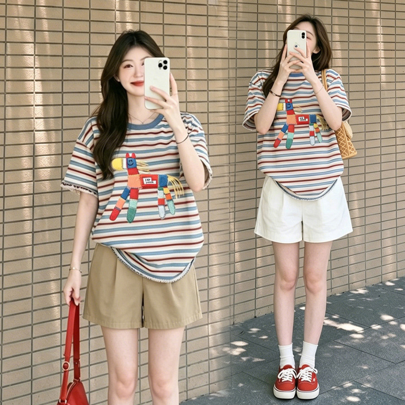 Maternity Wear for Summer: Trendy Mom Fashion, Thin and Versatile Casual Loose Short-Sleeve Top Two-Piece Set for Petite Sizes Maternity Wear for Summer: Trendy Mom Fashion, Thin and Versatile Casual Loose Short-Sleeve Top Two-Piece Set for Petite Sizes