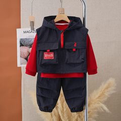 男童2025新款工装马甲三件套洋气儿童装卫衣套装春秋款小男孩衣服