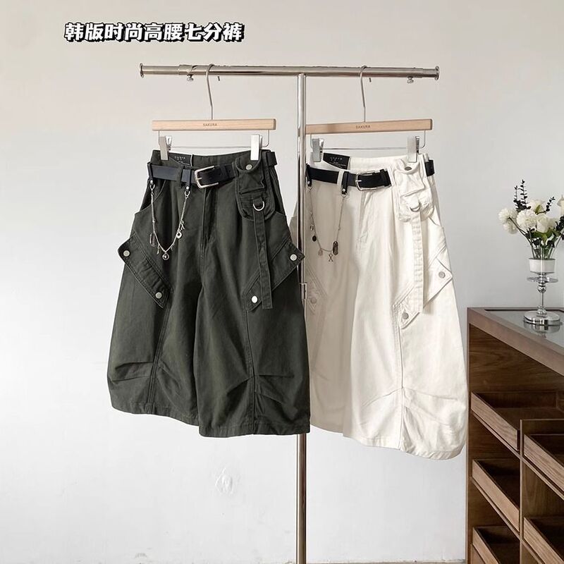 High-Waisted Slimming Wide-Leg Denim Cargo Pants for Women, 2025 Summer New Korean Versatile Cropped Pants for Outerwear