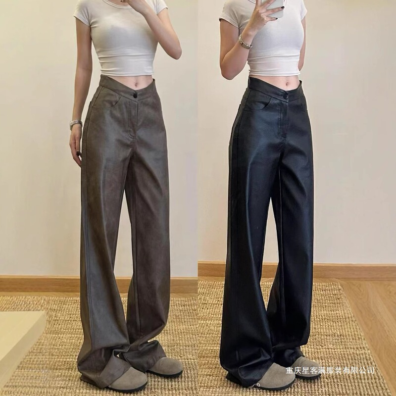 2025 Autumn/Winter American-Style Straight-Leg Leather Pants, Retro Leather Pants for Women, Trendy Long Pants, Straight Loose Fit, Slimming Casual Pants