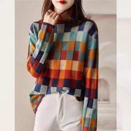 日韩外贸绚丽彩色棋盘格棉羊绒针织衫高领慵懒显外穿格纹毛衣女冬