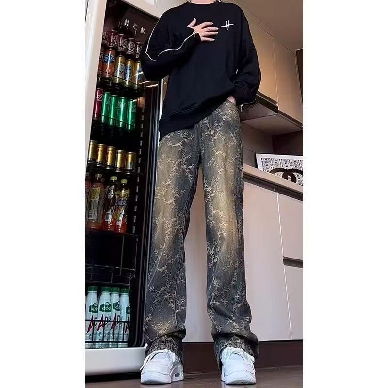 美式高街水洗做旧裤子vibe提花牛仔裤男高腰提档显腿长弯刀微喇裤|undefined