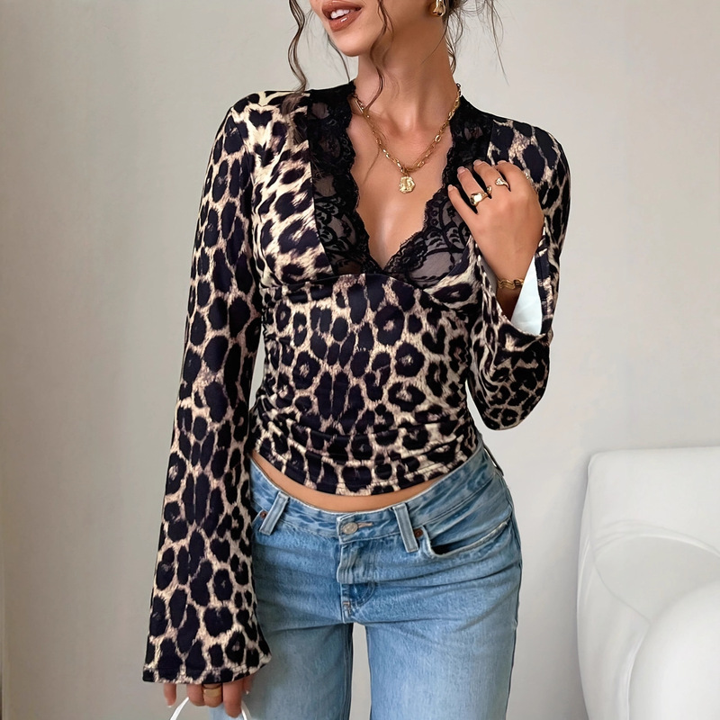In-Stock Amazon Cross-Border Leopard Print Long-Sleeve Slim-Fit Top European and American V-Neck Lace T-Shirt Fashionable and Versatile