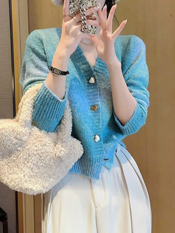 跨境 渐变色毛衣女秋冬2025早秋新款设计感小众针织开衫外套上衣|undefined