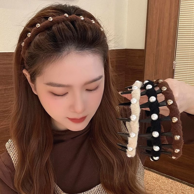 Perla negra ondulado peluche banda de cabello para mujeres 2025 nueva gama alta cráneo alto con dientes antideslizante banda de cabello de presión de cabello