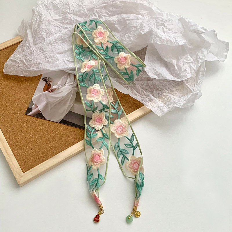 Pañuelo de seda, banda larga, sensación de alto nivel, temperamento de nicho, estilo étnico, bordado floral, bufanda de seda de encaje, cinta para el cabello de nuevo pañuelo en la cabeza