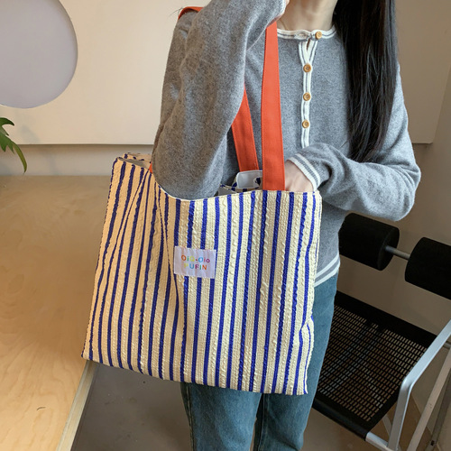 Striped Foam Double-layer Shoulder Bag Large Capacity Small Trendy Cat Style Handheld Tote Bag Casual Canvas Bag