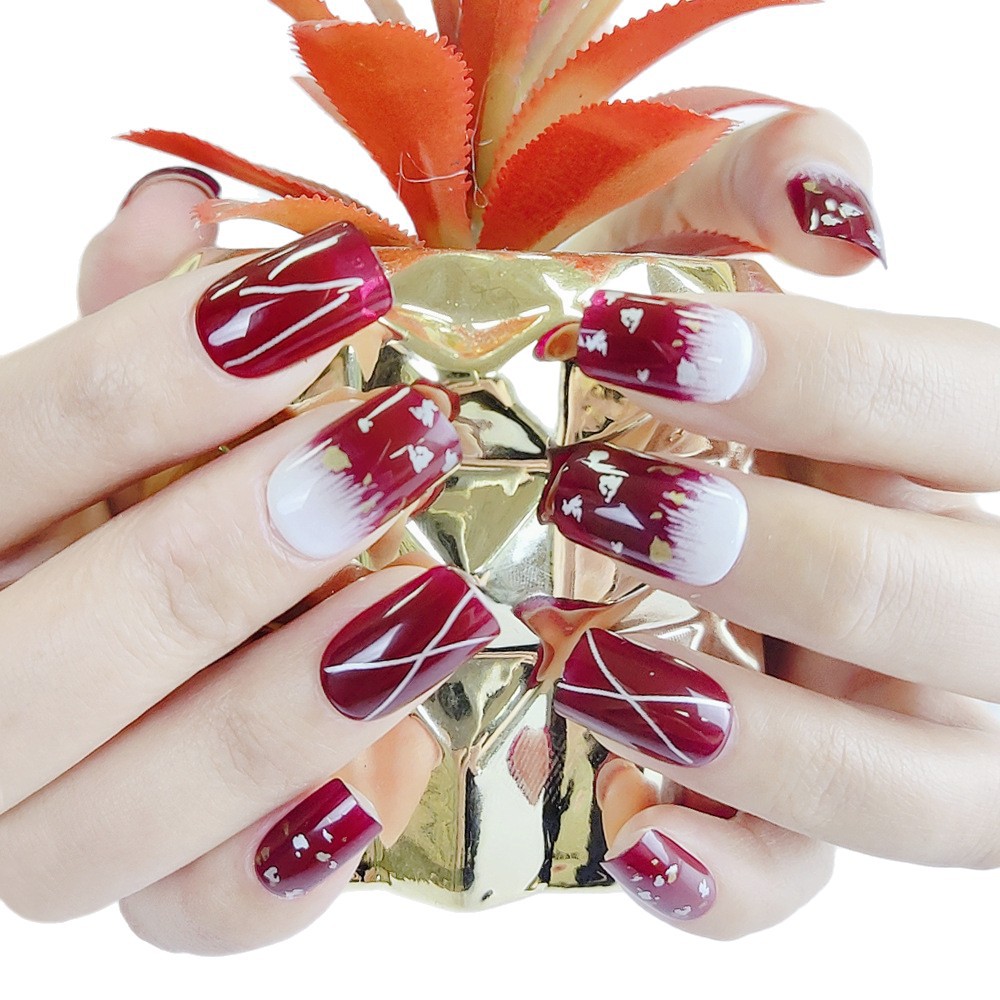 Las mejores ventas de uñas largas de cabeza plana, retrógrado, color rojo de uñas, 24 piezas de parche de uñas terminado