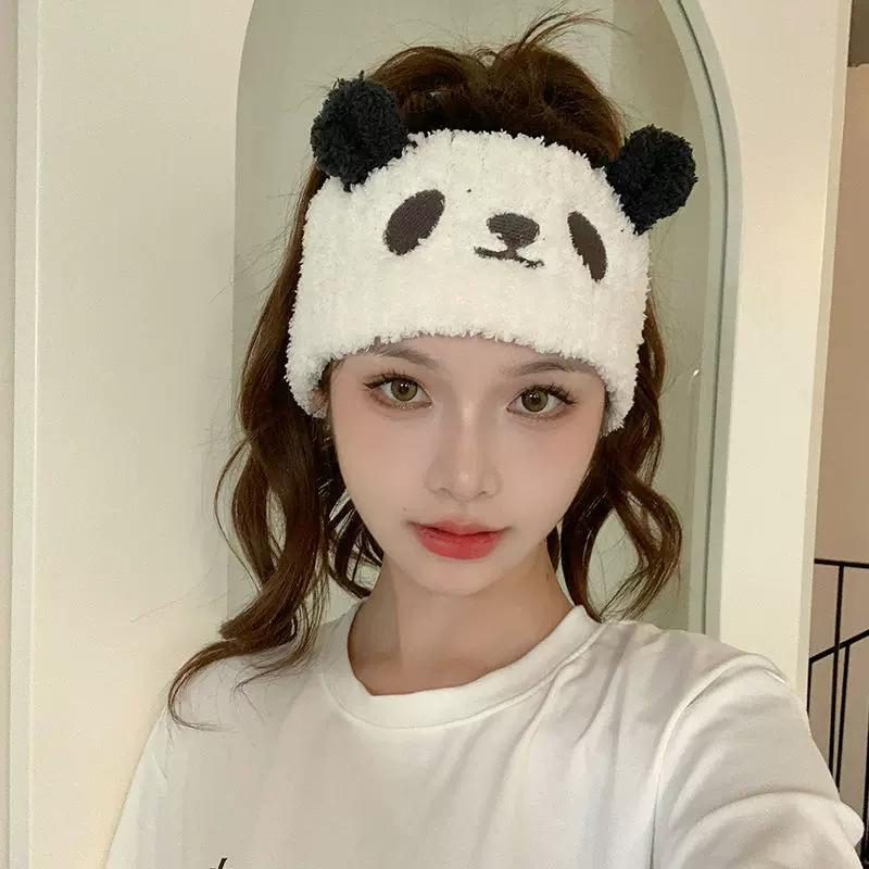 珊瑚绒月子发带可爱熊猫防风头带针织发箍保暖吸汗洗脸发带束发带