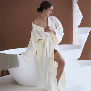 Long Sleeve Crepe Cotton Nightgown Pajamas Winter European and American Solid Color Warm Sweatshirt Women's Comfortable Loose Home Bathrobe Long