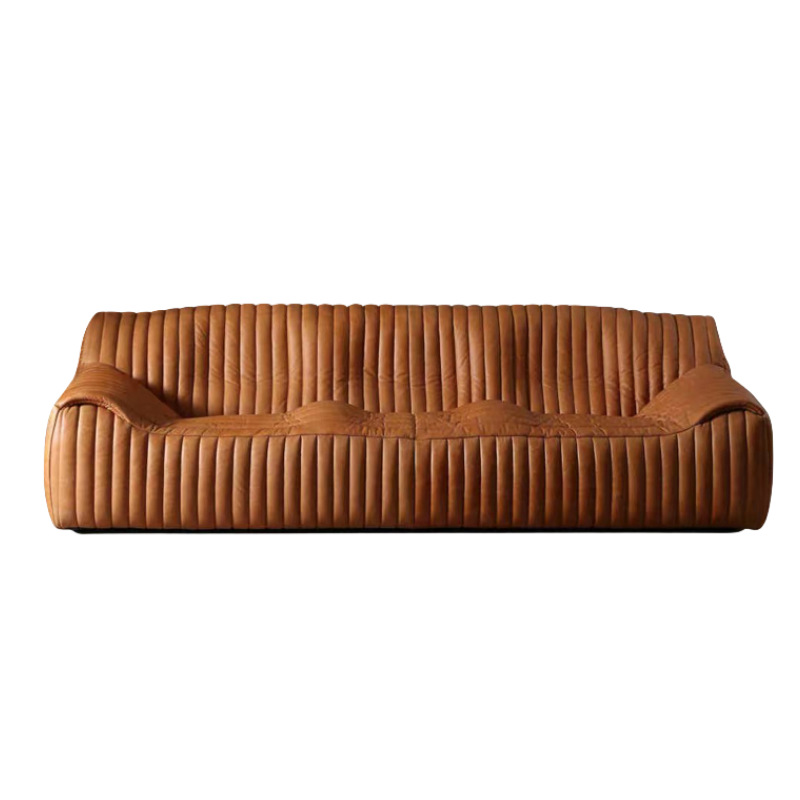 Sofá de cuero antiguo minimalista diseñador de vivienda americana retrógrado sofá de piel de cera caramelo onda