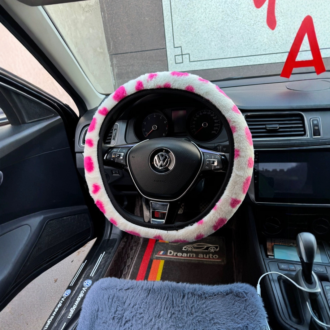 新款奶牛纹无内圈高弹力毛绒汽车方向盘三件套手刹护肩扶手批发