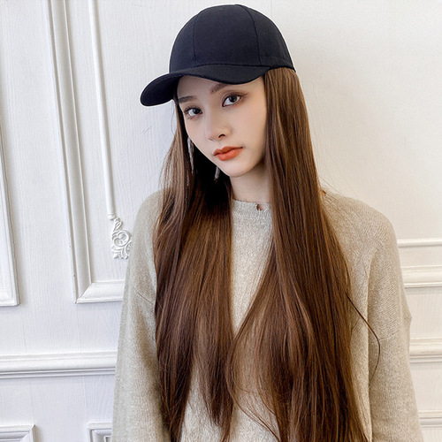 Four-season hat with fake hair, women's integrated fake hair cap, baseball cap with long straight hair 