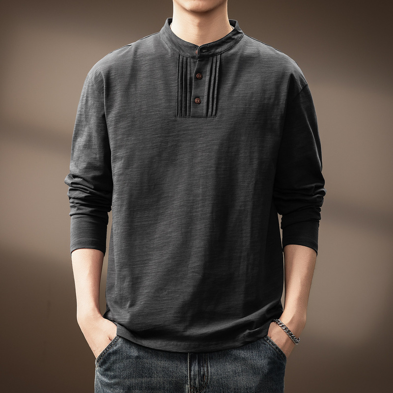 High-End Chinese-Style Bamboo Cotton Henry Collar Long-Sleeved Sweatshirt for Men in Autum Loose Casual Pure Color Skin-Friendly Cotton Bottoming Shirt