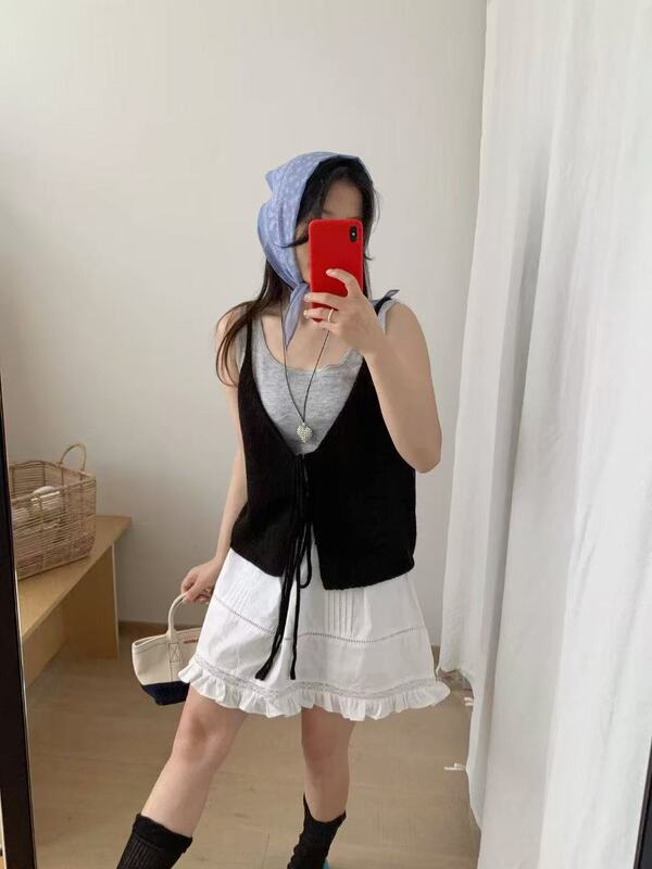 正反两穿韩系双V领绑带针织开衫马甲女2025秋季休闲吊带背心外搭|undefined