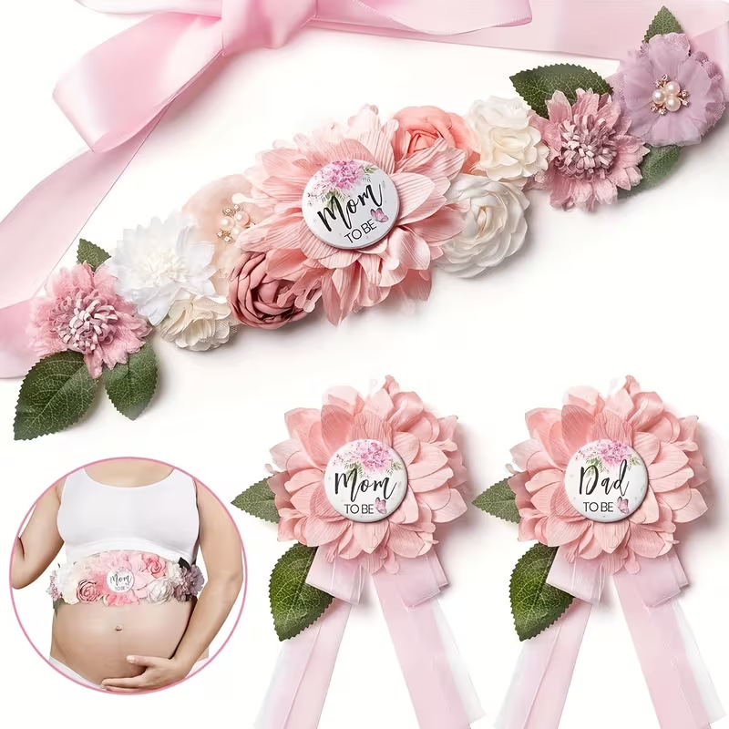Amazon Baby Shower Pregnant Mom Belt Badge Expectant Parents Set Flowers and Leaves Wedding Dress