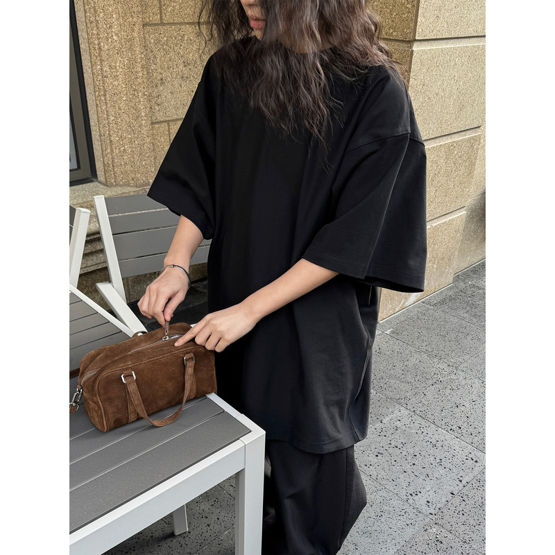 Lvu Spring New American Style Simple Basic Solid Color oversize Shoulder T-Shirt Casual All-match Top for Women