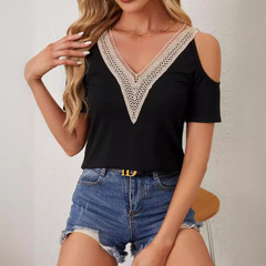 European and American cross-border 2025 elegant lace V-neck applique sleeve hollow short sleeve loose solid color T-shirt slim top