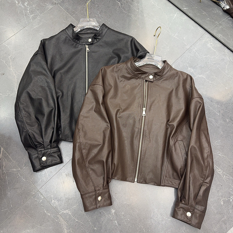 American Retro Genuine Leather Jacket for Women, Goatskin Fully Vegetable Tanned Draped Motorcycle Leather Jacket 2025 Autumn and Winter New Style