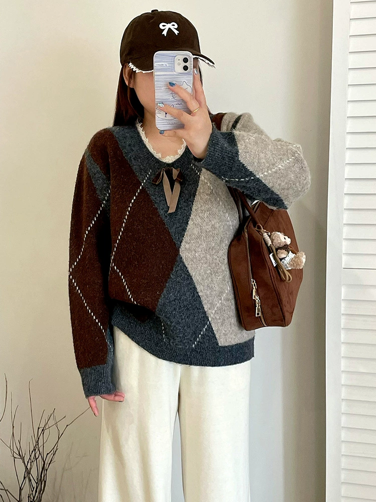 Стеганая куртка, цветной вязаный свитер для отдыха, плюс сайз, oversize