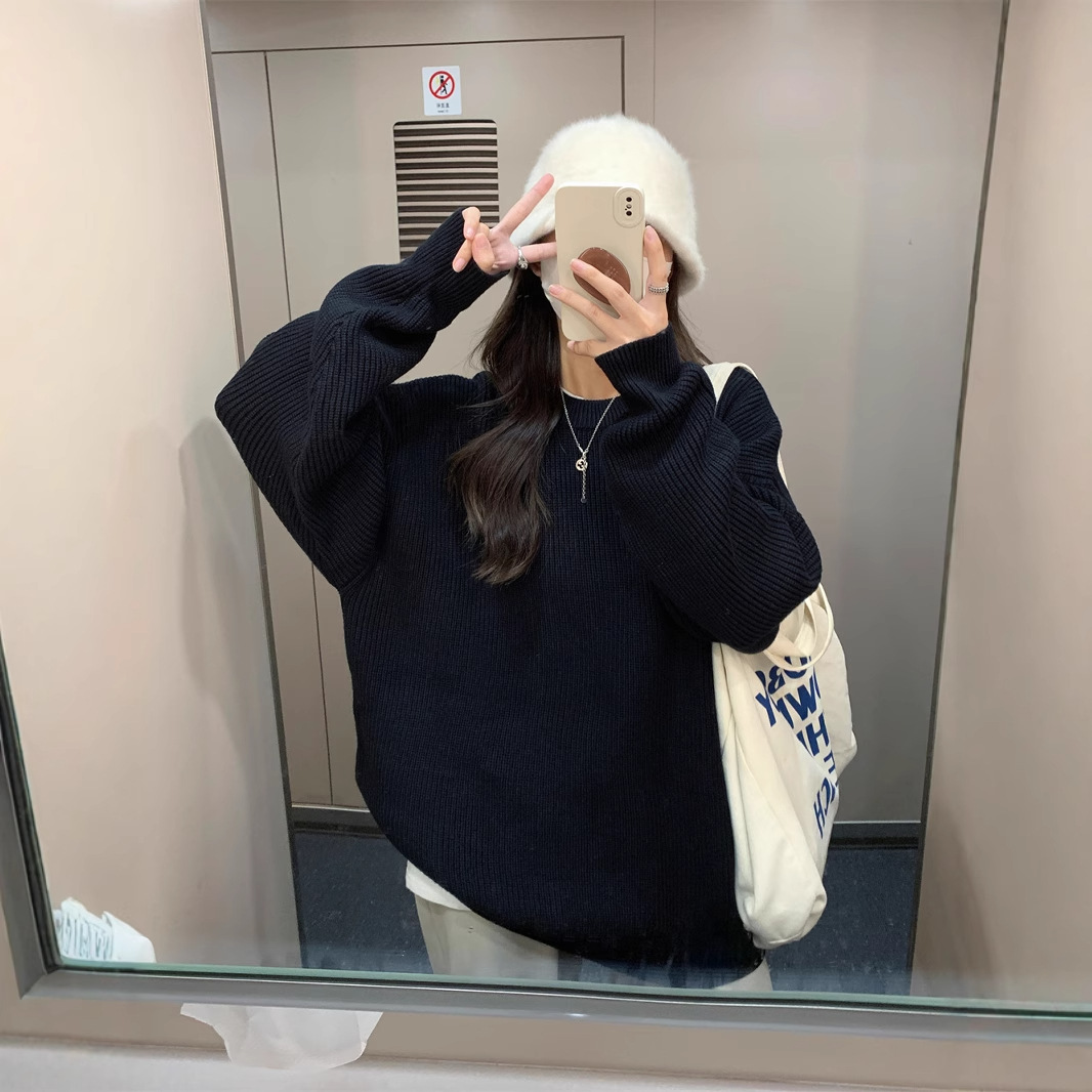 게으른 스타일 솔리드 컬러 소프트 왁스 스웨터 여성의 가을 및 겨울 착용 두꺼운 느슨한 캐주얼 내베이스 니트 탑 라운드 넥