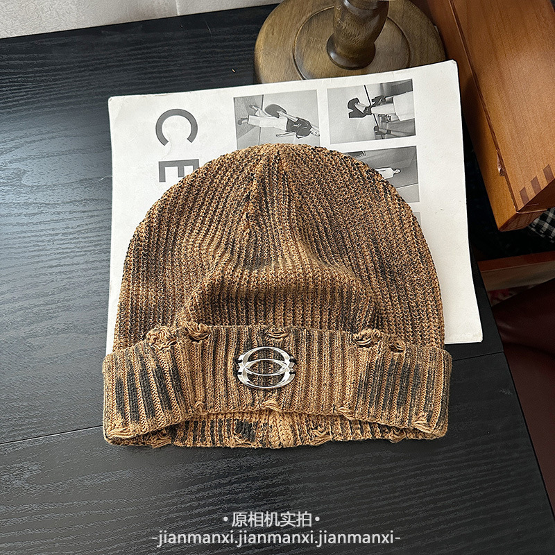 个性做旧脏脏破洞针织帽秋冬翻边套头帽保暖洋气字母标百搭毛线帽|undefined
