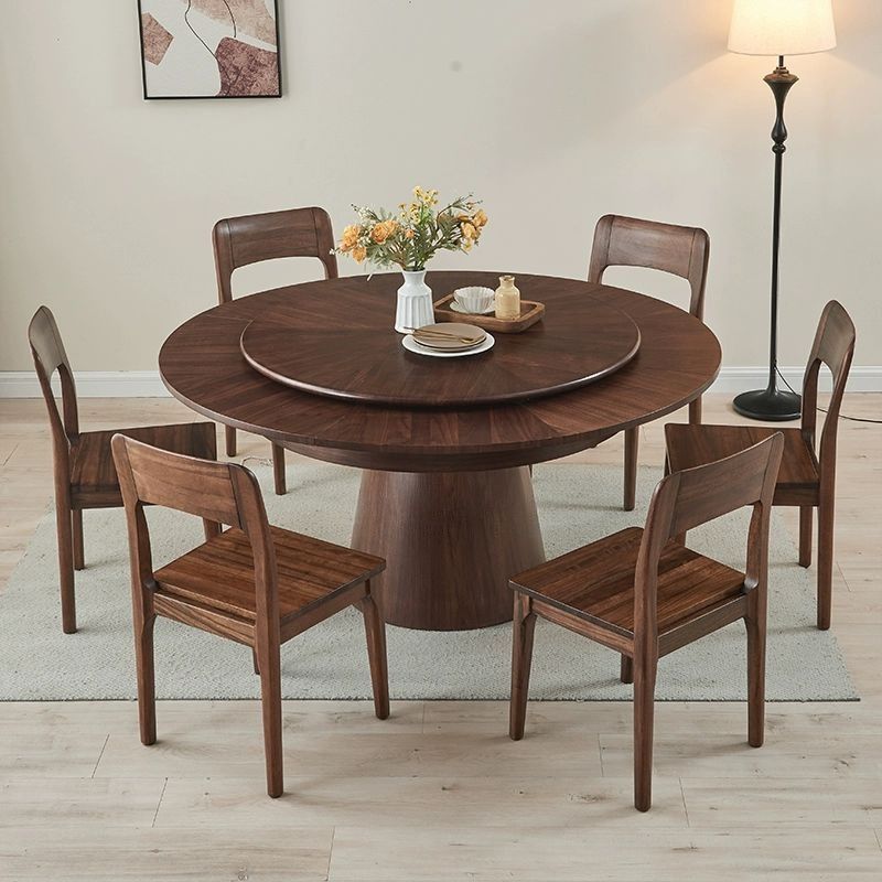 Rotating Deformable Telescopic Walnut Round Dining Table Chinese Style Household Solid Wood Small Apartment Dining Table and Chairs Simple Round Table Combination