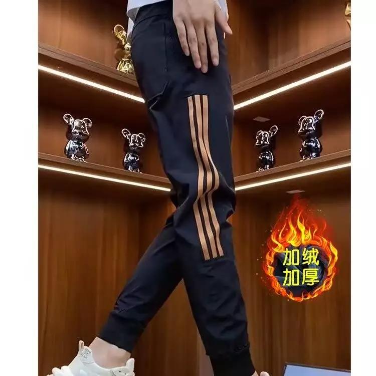 2024 Fall/Winter fleece-lined Casual Pants Men's Trendy Brand Design Color Matching Sports Foot Pants All-match Black Foot Pants for Men
