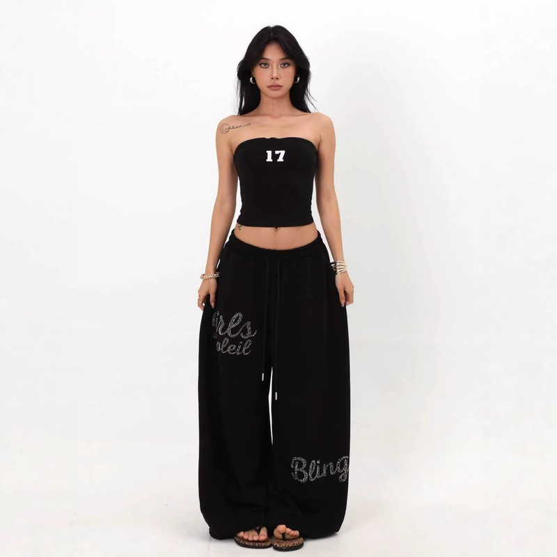 Hip-Hop Letter Rhinestone Design Elastic Waist Straight-Leg Sweatpants Hip-Hop Dance Wide-Leg Pants for Women Hip-Hop Letter Rhinestone Design Elastic Waist Straight-Leg Sweatpants Hip-Hop Dance Wide-Leg Pants for Women