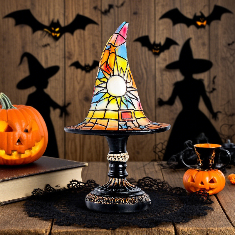 跨境新款Stained Glass Witch Hat Lamp 女巫帽灯床头柜夜灯|undefined