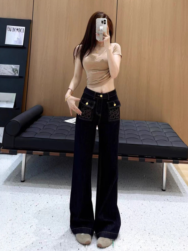 早秋新款美式复古双口袋阔腿牛仔裤女南油宽松遮肉拖地直筒长裤子|undefined